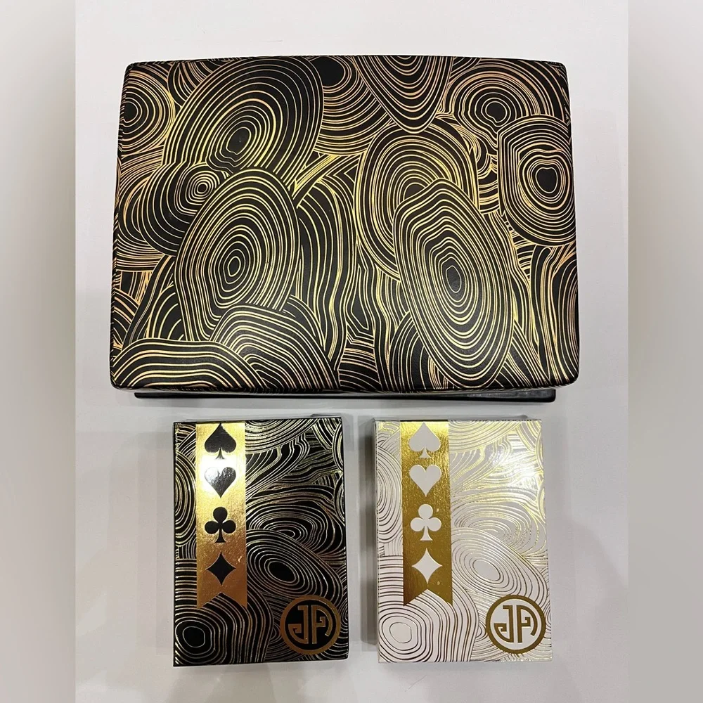 Jonathan Adler Playing Card Set W/ Black Gold Swirl Porcelain Container Holder